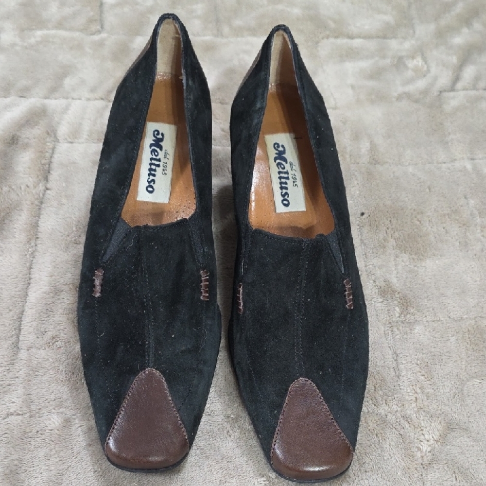 Melluso Women's Black/ Brown‎ Suede/Leather? Slip-Ons Low Heel Sz 38/7-7.5 EUC